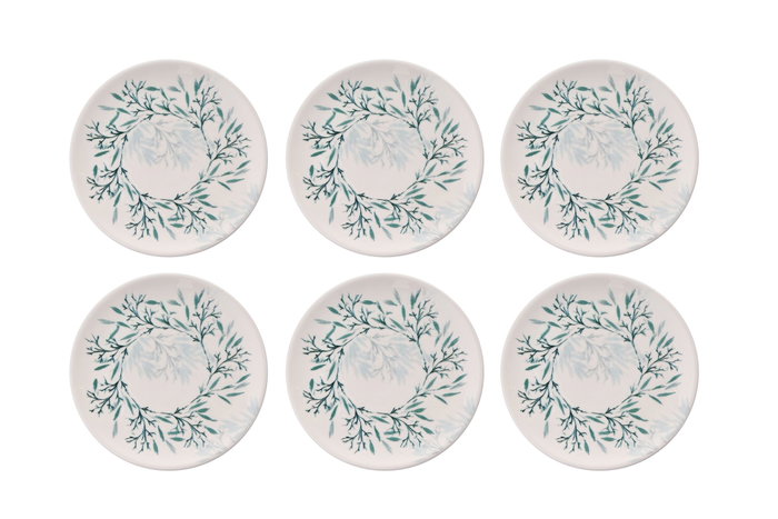 Hermia Set de 6 platos de postre Green Leaf en porcelana verde y blanco Hermia Set de 6 platos de postre Green Leaf en porcelana verde y blanco